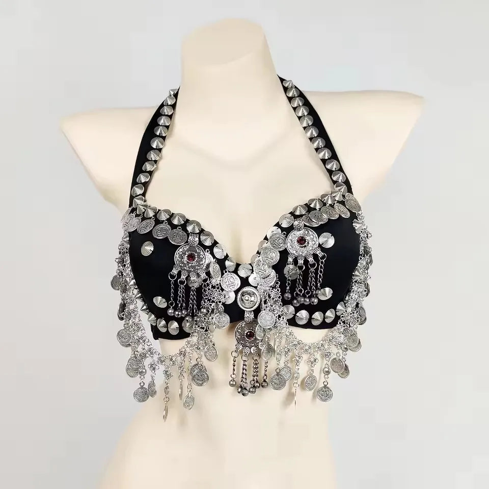 Tribal Belly Dance Bra - Vintage Gypsy Style with Beads, Mirrors & Coin Drapes