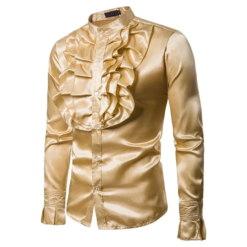 Men's Satin Ruffle Shirt | Frill Front | Stand Collar