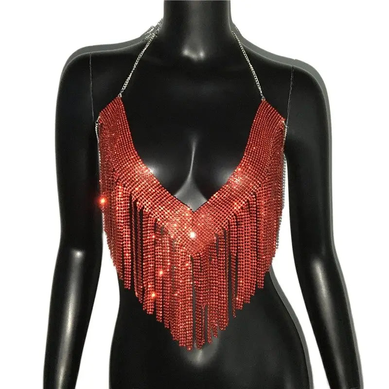Rhinestone Tassel Halter Crop Top - Backless Sequin Party Top