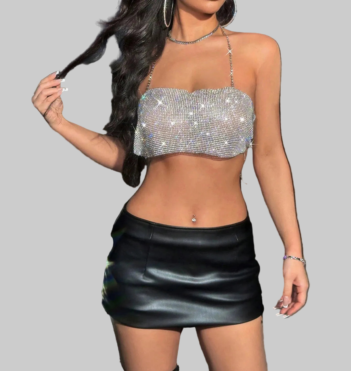 Bling Rhinestone Sequin Halter Crop Top - Backless Metal Tank
