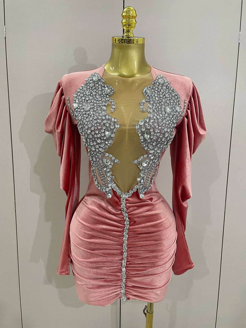 Crystal Deep-V Velvet Mini Dress | Long Sleeve | Stage