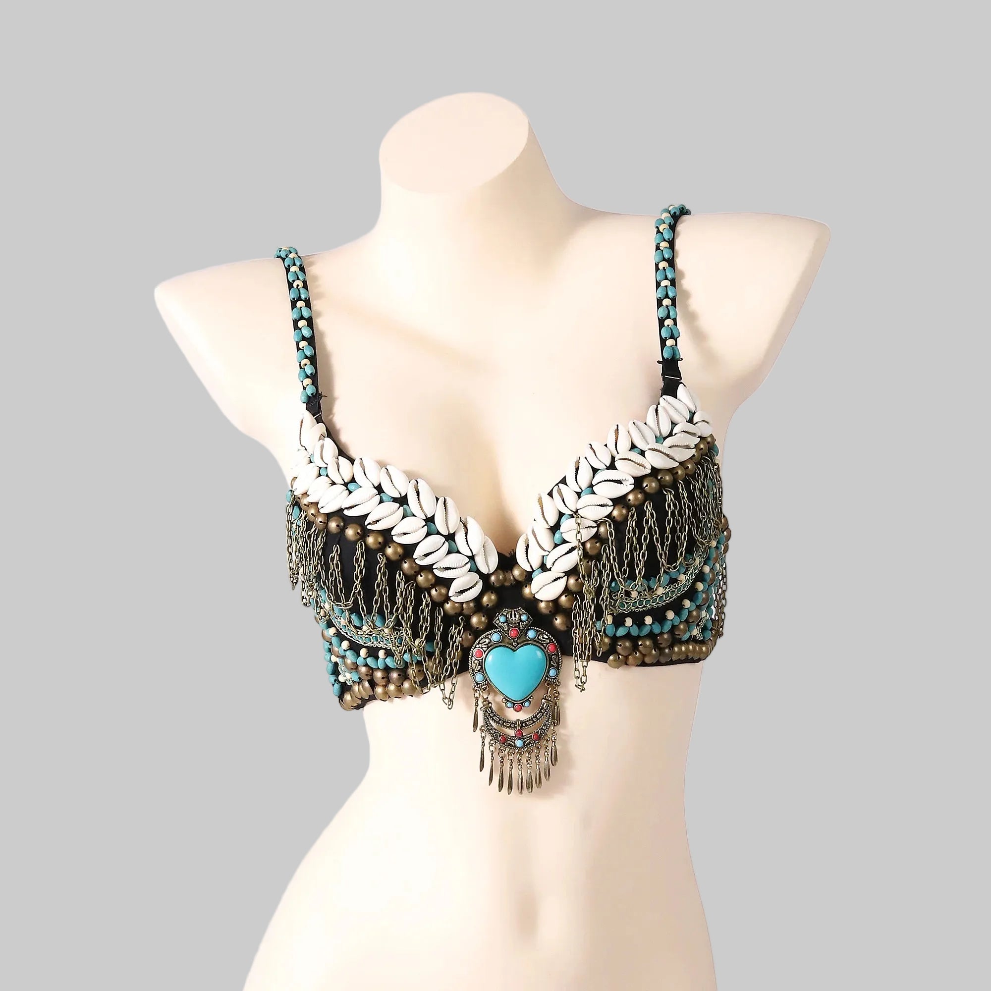 Tribal Belly Dance Bra - Vintage Gypsy Style with Beads, Mirrors & Coin Drapes