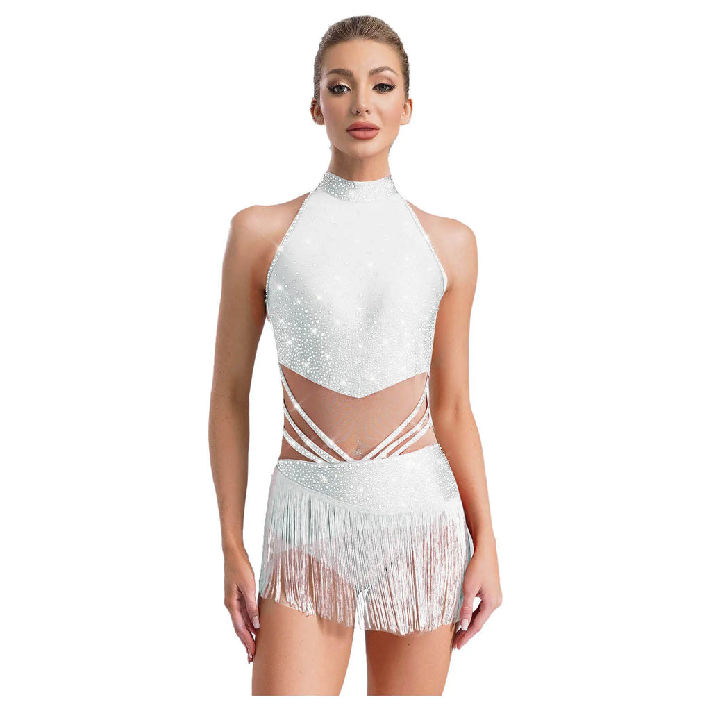 Rhinestone Tassel Leotard | Sleeveless Mock Neck | Cutout Back