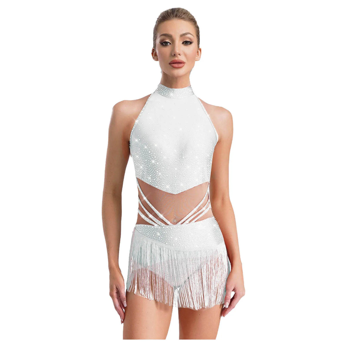 Rhinestone Tassel Leotard | Sleeveless Mock Neck | Cutout Back