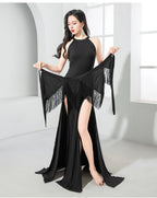 Belly Dance Maxi Dress | Halter Backless Modal | Fringe Hip Scarf Set