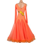 Coral Ballroom Gown | Floral Accent | Long Sleeve | XXS-XXL
