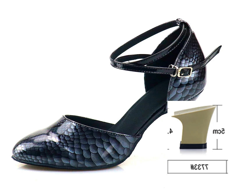 Rhinestone Snakeskin Latin Dance Court Shoe | Cuban Heel | 5–8.5cm