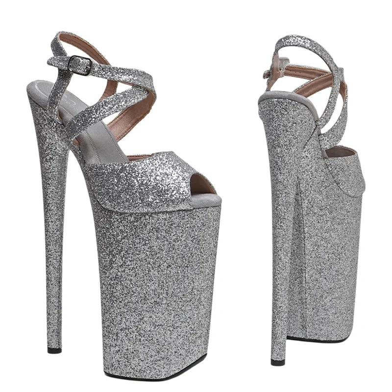 Glitter Platform Ankle Strap Sandals - 10 Inch Pole Dance Heels