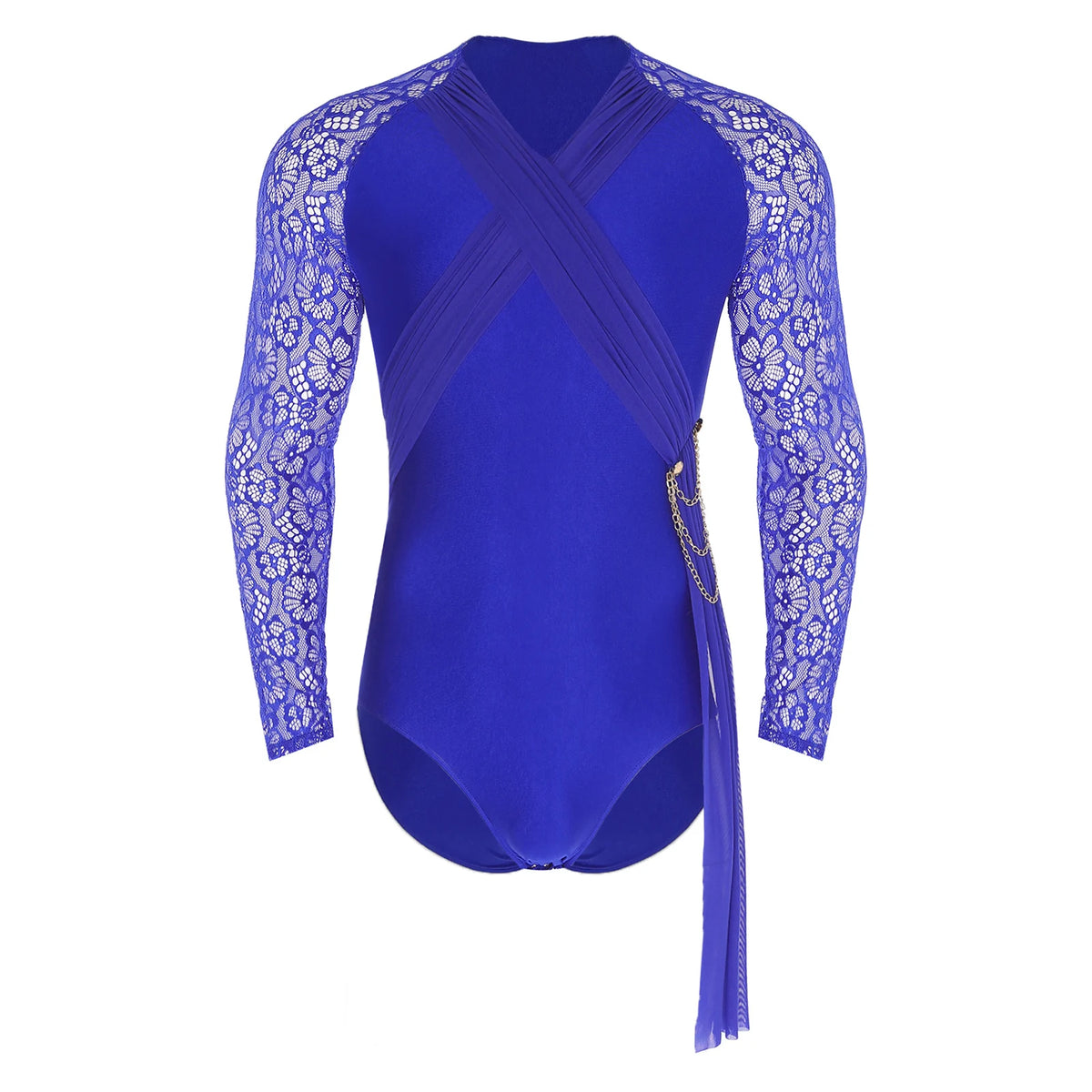Men's Rhinestone Dance Leotard | V-Neck Lapel & Long Sleeve | Snap Crotch