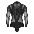 Men's Latin Dance Leotard | Deep Plunge V-Neck & Sheer Mesh Back | Tassel Detail