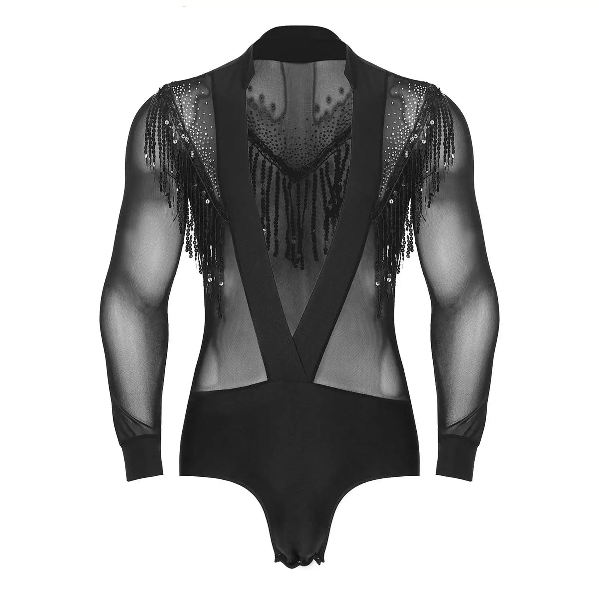 Men's Latin Dance Leotard | Deep Plunge V-Neck & Sheer Mesh Back | Tassel Detail