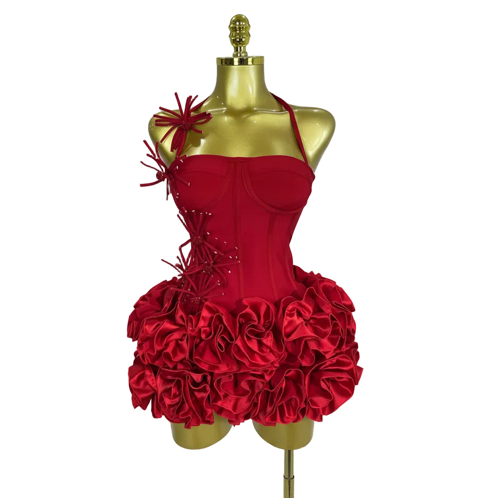 3D Rose Petal Skirt Strapless Mini Dress | Pageant | Stage