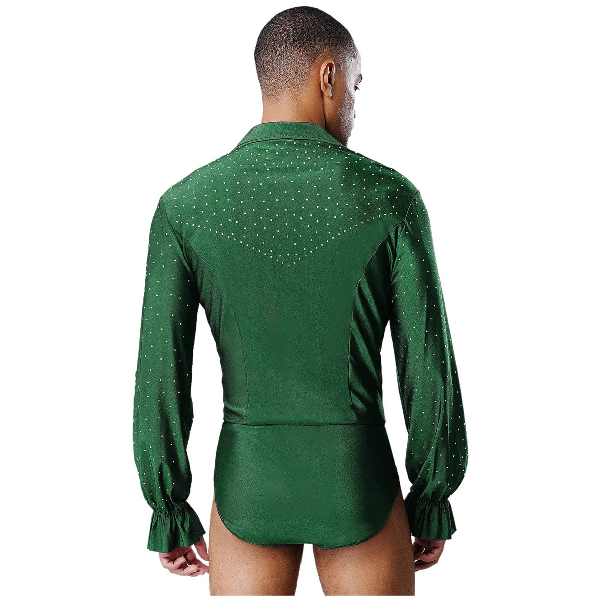 Men's Rhinestone Deep V-Neck Dance Bodysuit | Long Sleeve & Snap Crotch | Latin & Jazz