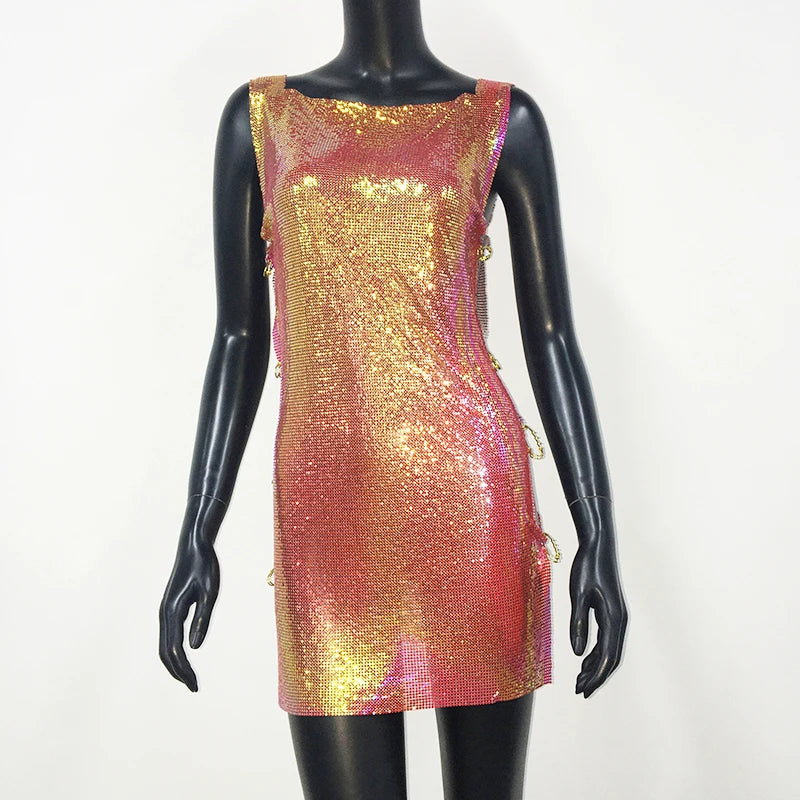 Metallic Sequin Mini Dress - Backless Sheer Party Dress