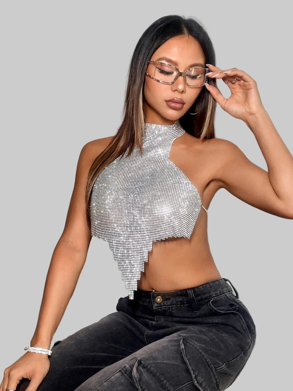 Rhinestone Metal Halter Crop Top - Backless Chain Tank