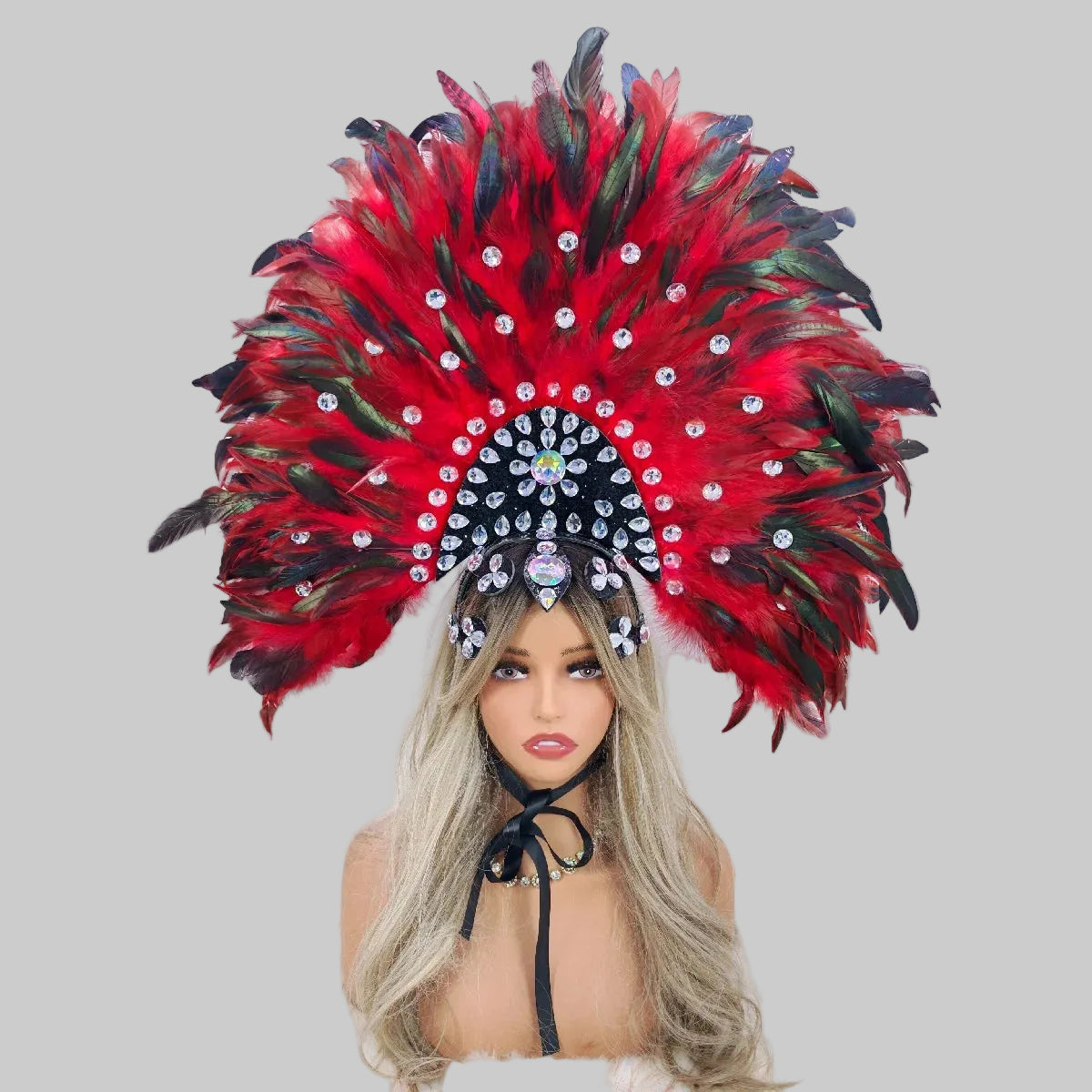 Red & Black Feather Headdress - Carnival Performance Headpiece