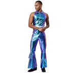 Men's Holographic Disco Jumpsuit | Lapel Collar & Flared Leg | 70s Stage Costume