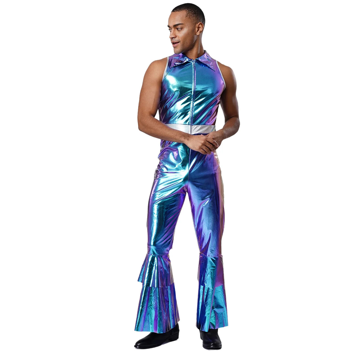 Men's Holographic Disco Jumpsuit | Lapel Collar & Flared Leg | 70s Stage Costume