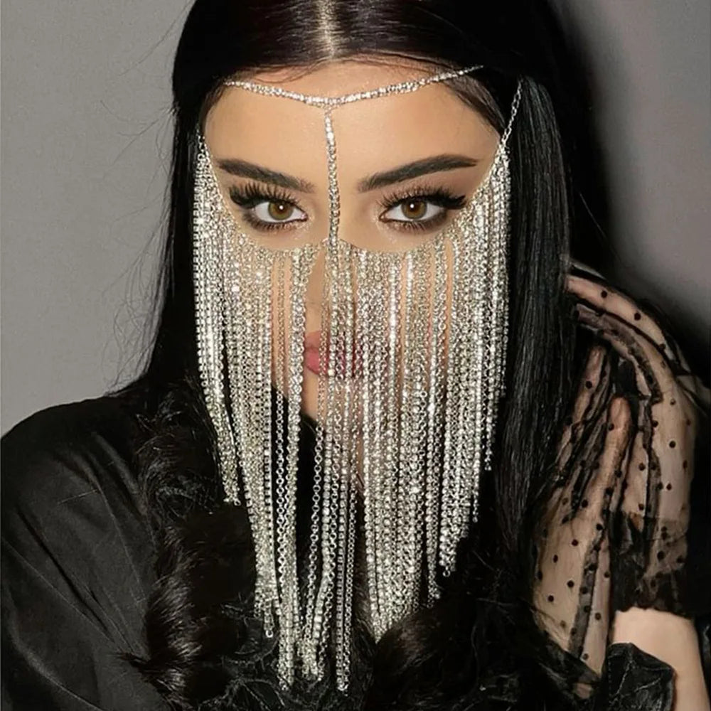 Dazzling Rhinestone Fringe Face Mask - Showgirl, Festival & Performance Accessory