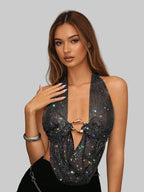 Rhinestone Mesh Crop Top - Backless Bandage Halter with Deep V-Neck