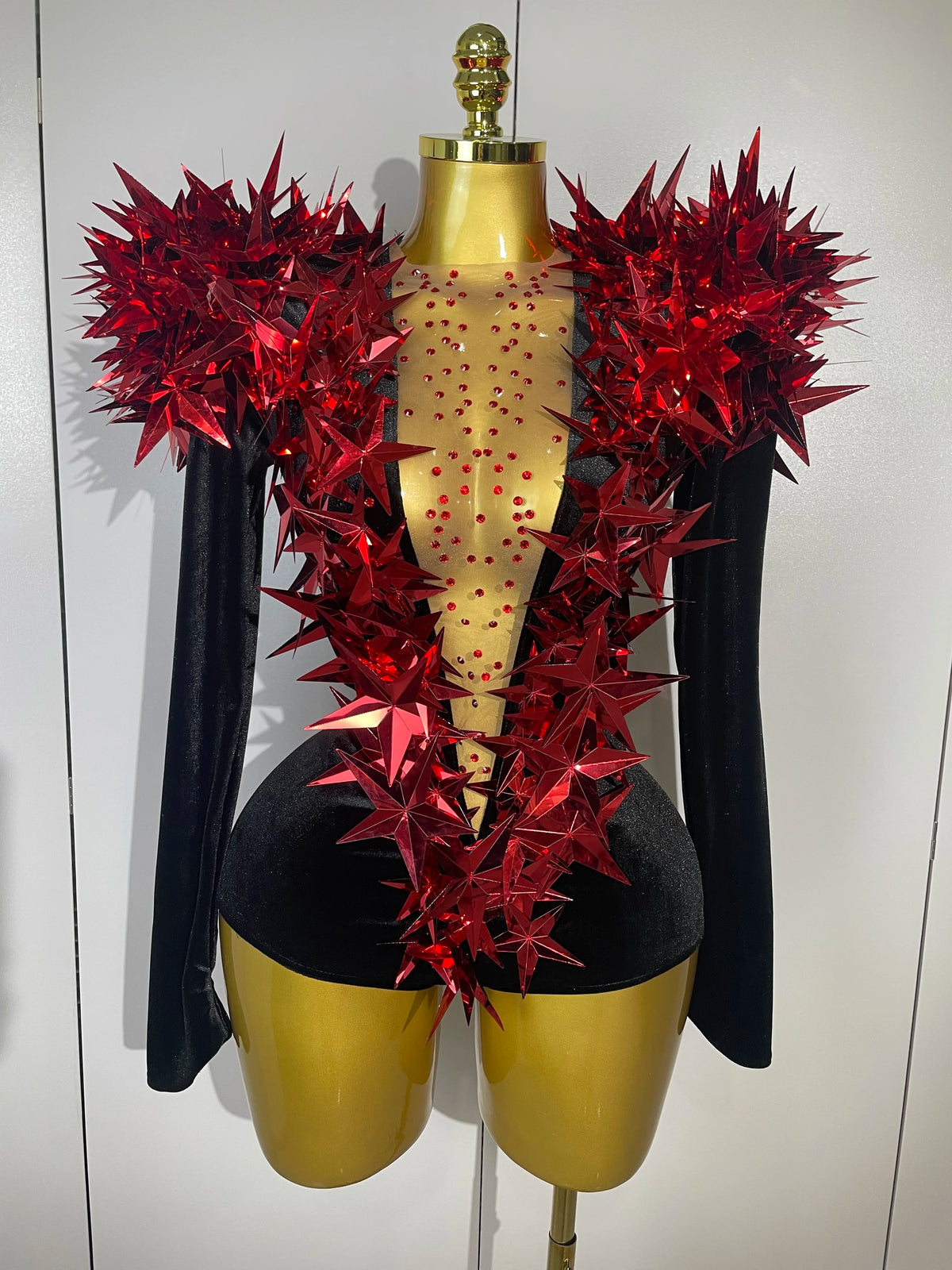 3D Gold Leaf Spike Bodysuit | Velvet Long Sleeve | Stage & Performance