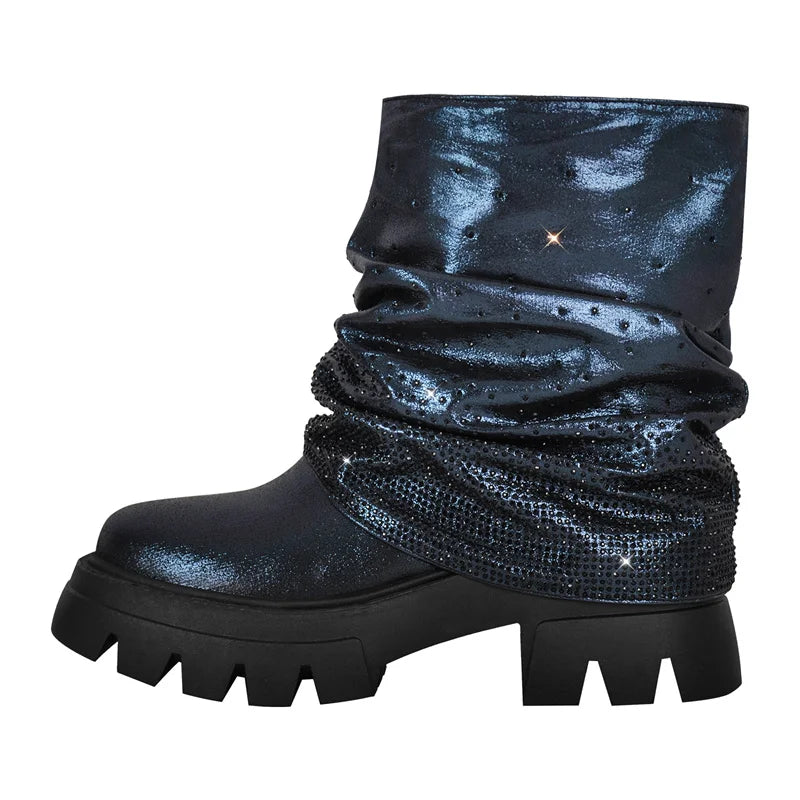 Rhinestone Fold-Over Mid-Calf Boots — Sizes 5 to 15