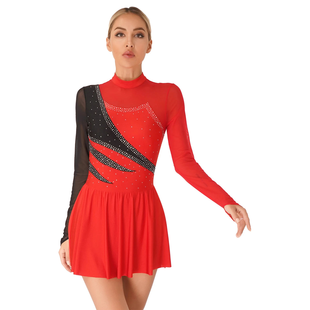 Rhinestone Skating Dress | Mesh Skirt | Long Sleeve