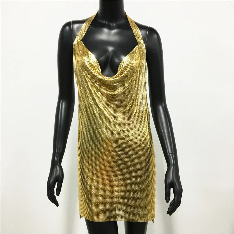 Metal Sequin Halter Mini Dress - Backless V-Neck Side Split Dress