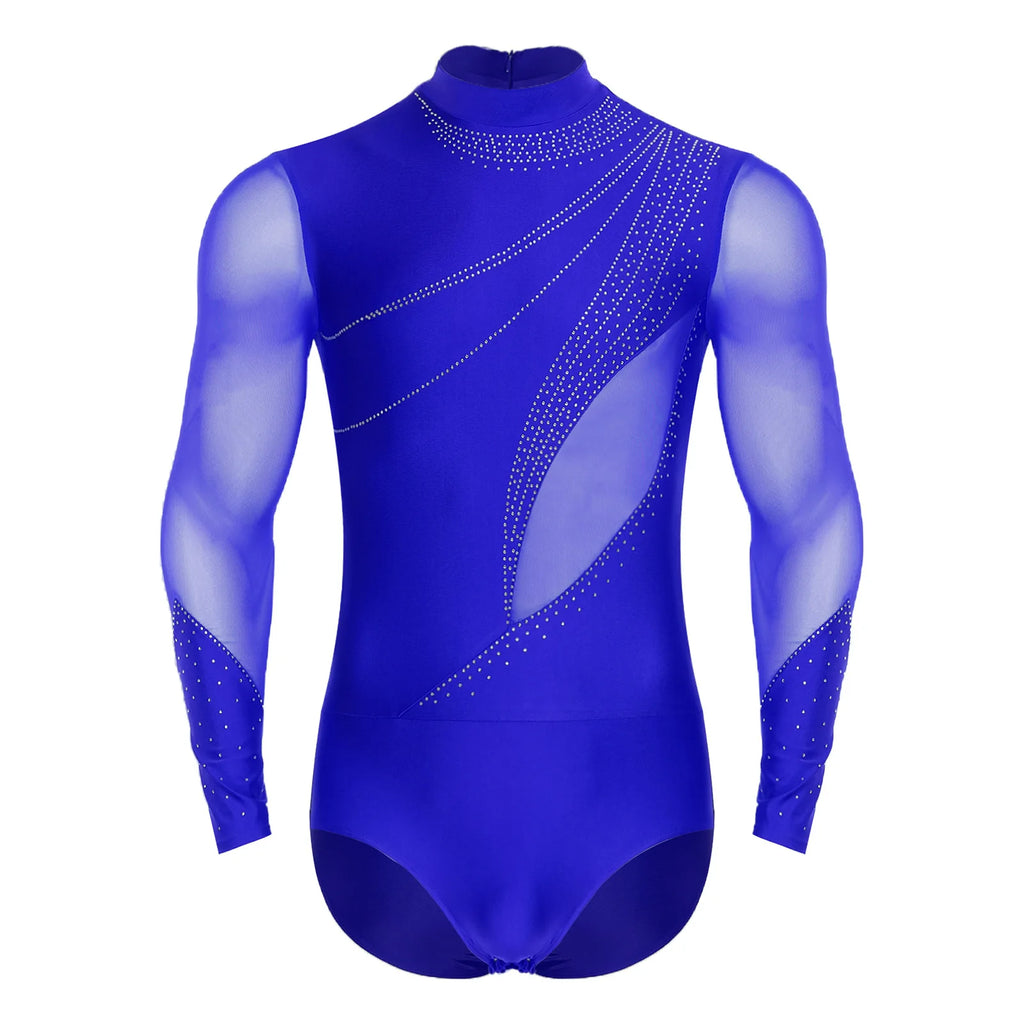 Men's Rhinestone Mesh Leotard | Mock Neck & Long Sleeve | Snap Crotch