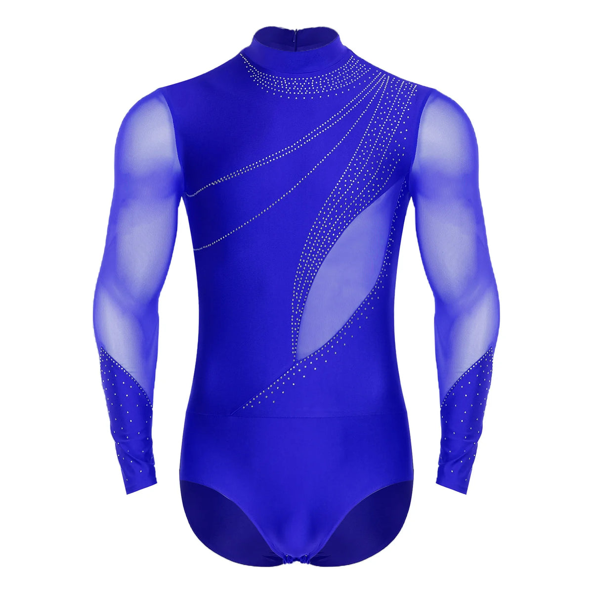Men's Rhinestone Mesh Leotard | Mock Neck & Long Sleeve | Snap Crotch