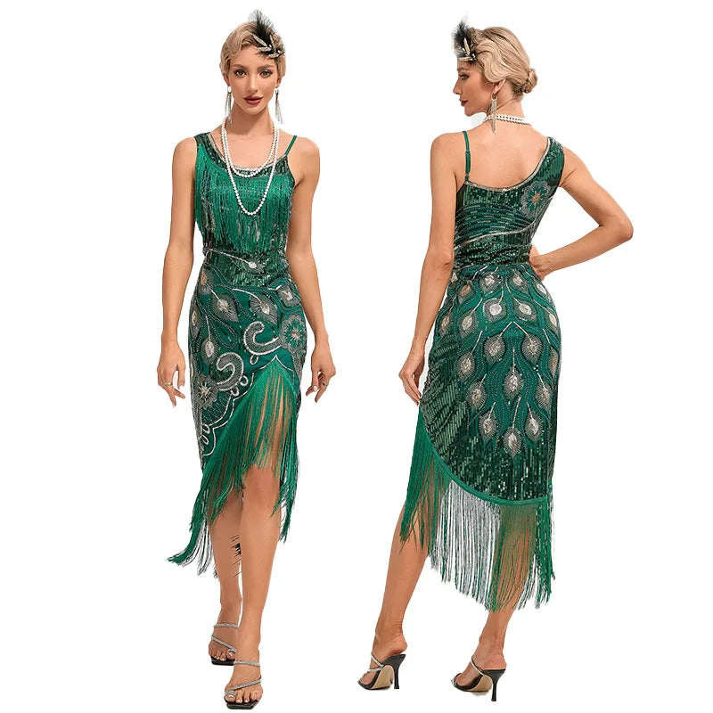 1920s Sequin Tassel Peacock Dress | Flapper | Charleston Dance