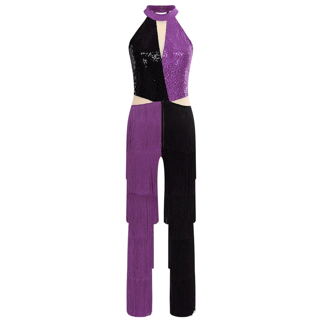Latin Dance Jumpsuit | Sequin Contrast Fringe