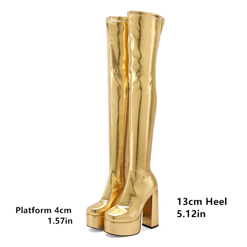 Thigh-High Platform Boots | Metallic Stretch
