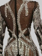 See Through Black Mesh Silver Sequins Mini Dress