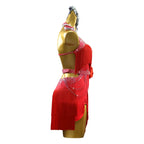 Red Rhinestone Latin Dance Dress with Flowers & Tassel Details