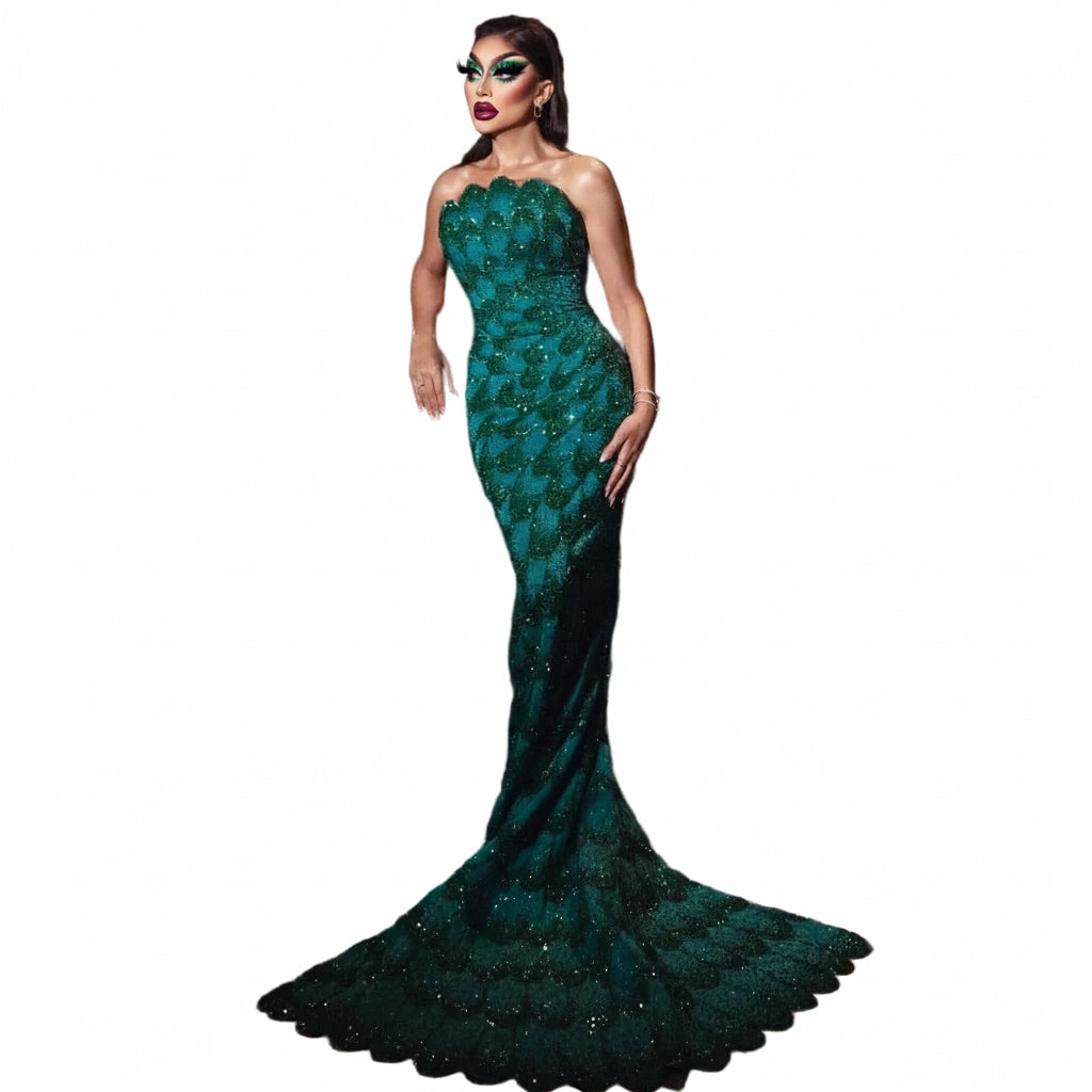 Beaded Sequin Strapless Mermaid Pageant Gown | Court Train | 6 Colors