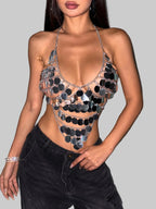 Metal Chain Sequin Halter Camisole - Deep V-Neck Backless Crop Top