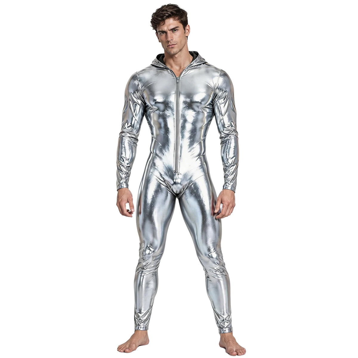 Men’s Metallic Jumpsuit | Hooded Zip-Front