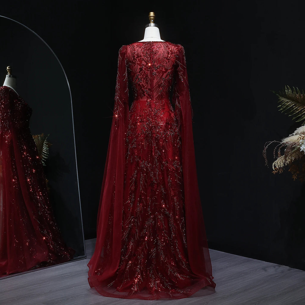 Beaded Wine Red A-Line Gown | V-Neck Cap Sleeve | Sweep Train