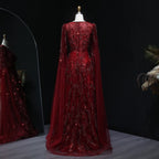 Beaded Wine Red A-Line Gown | V-Neck Cap Sleeve | Sweep Train