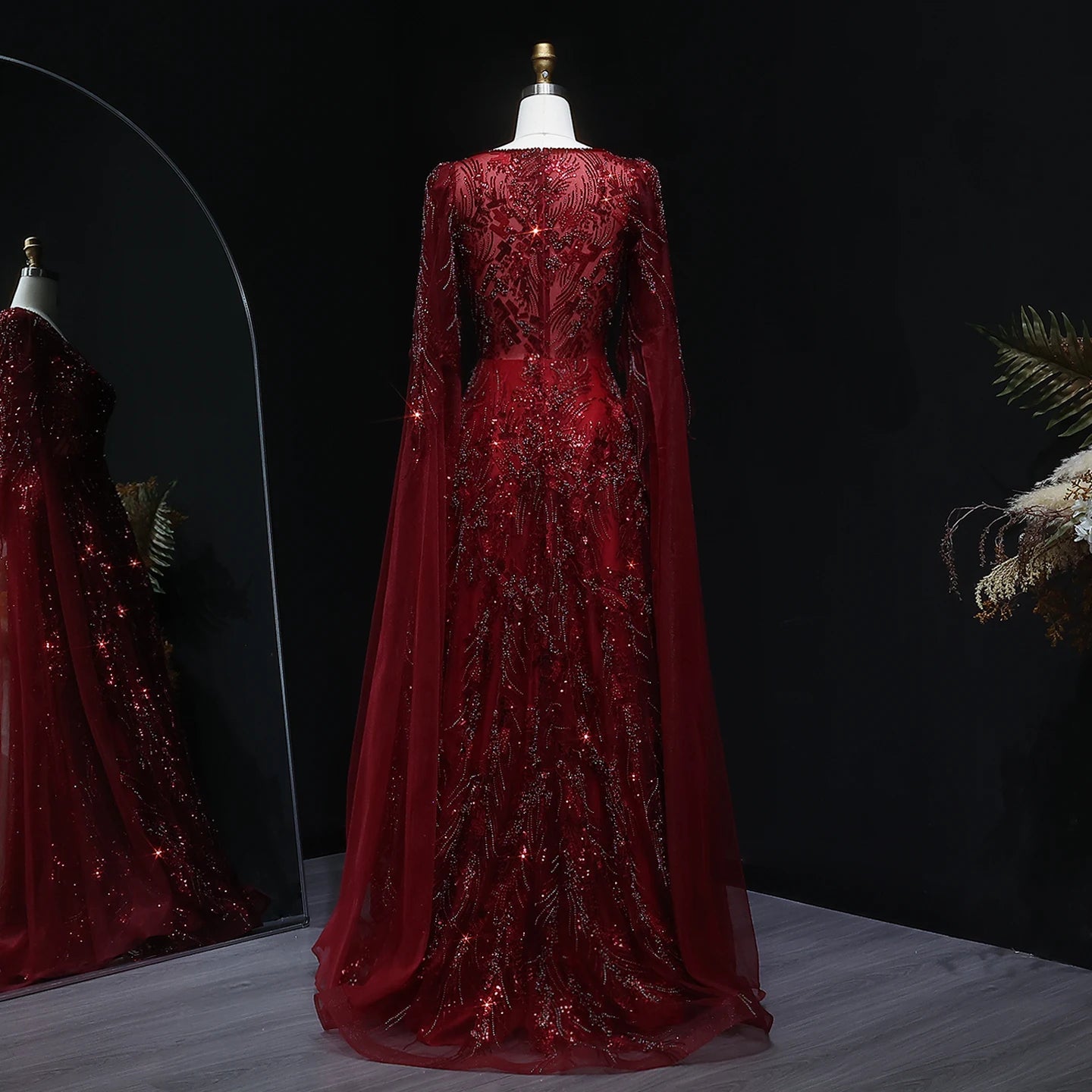 Beaded Wine Red A-Line Gown | V-Neck Cap Sleeve | Sweep Train