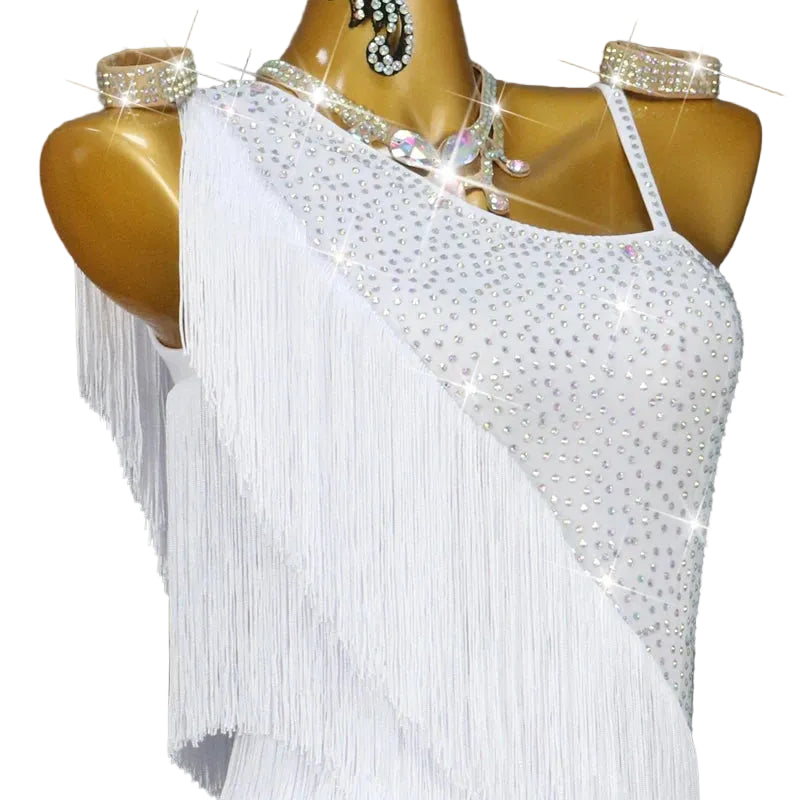 Rhinestone Tassel Latin Dance Dress with Accessories Set — White