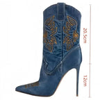 Denim Western Cowboy Boots - Embroidered Stiletto Heel Ankle Boots