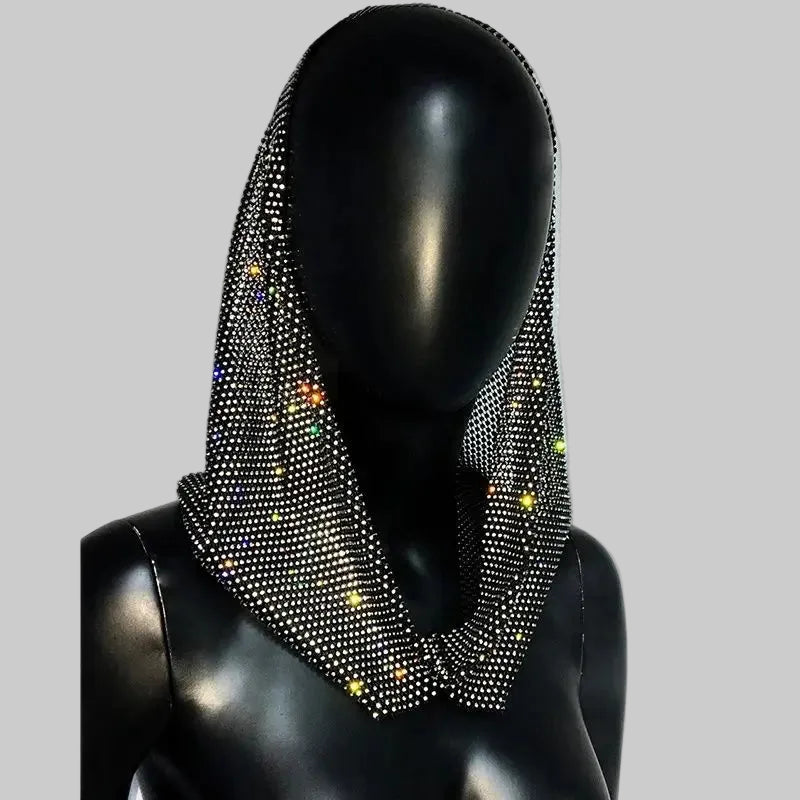 Rhinestone Mesh Hood - Sheer Fishnet Performance Headpiece