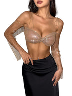 Rhinestone Mesh Long Sleeve Crop Top - Backless V-Neck