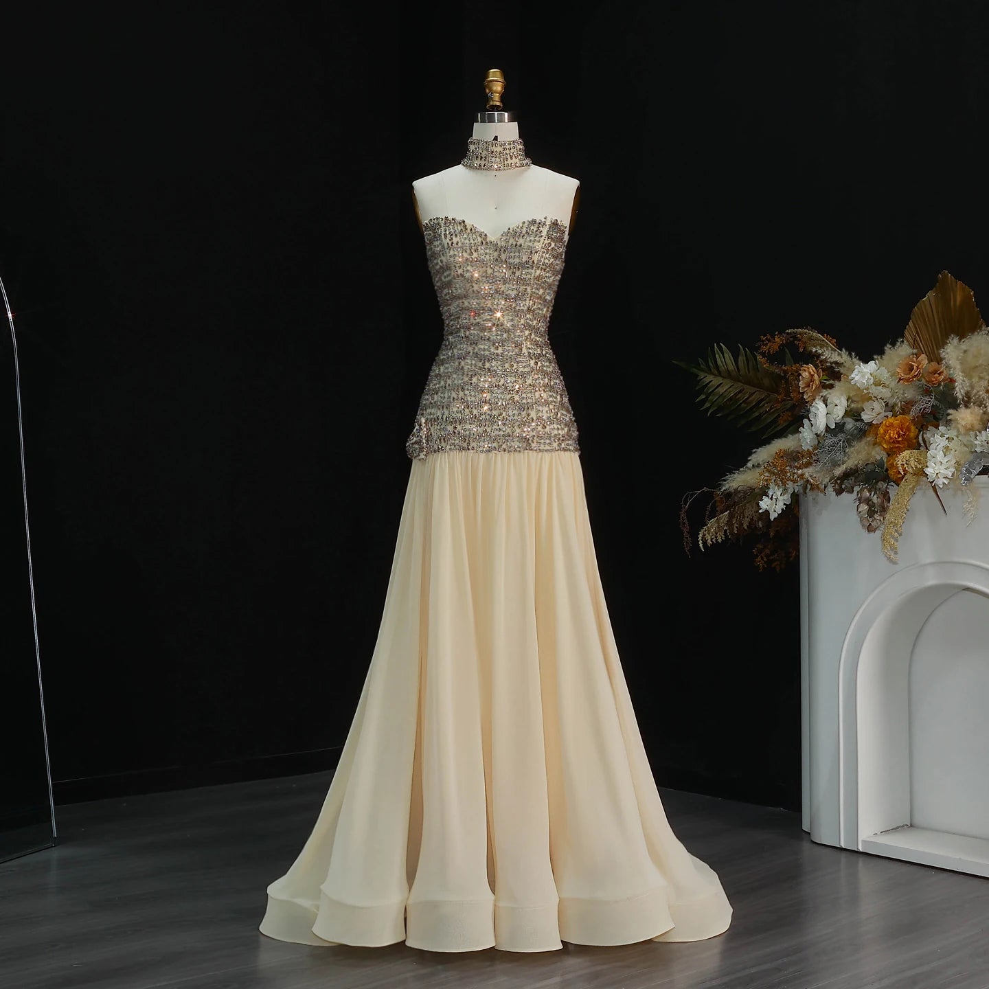 Beaded Sequin Bow Gown | Sweetheart A-Line | Floor-Length