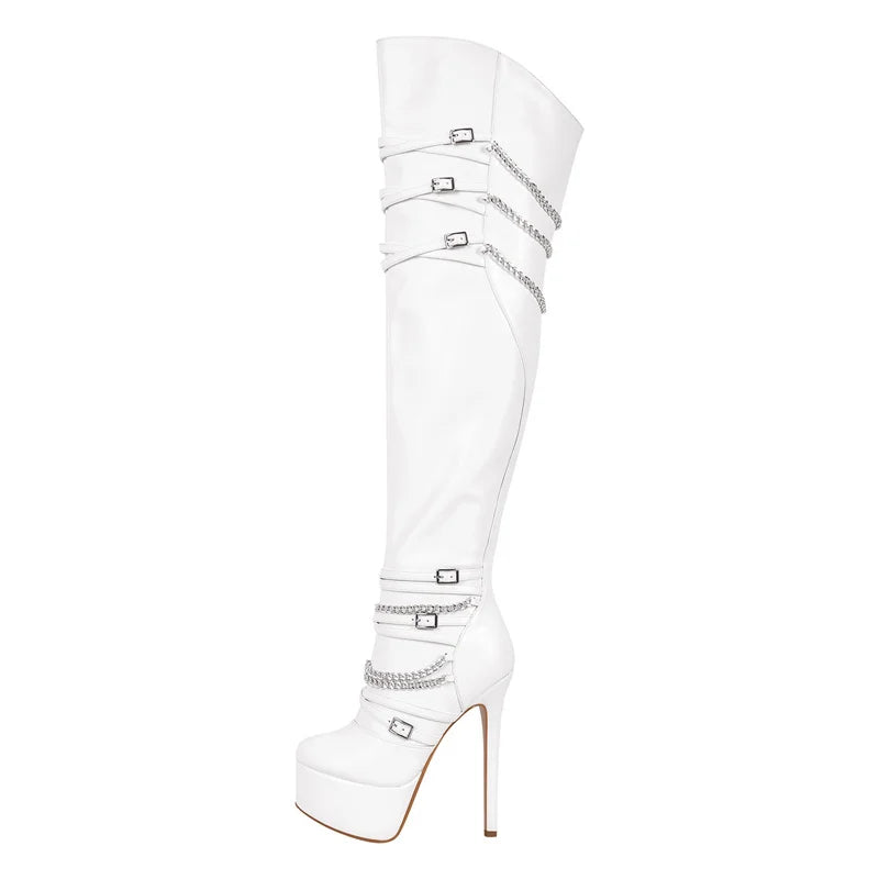 Platform OTK Stiletto Boots | Chain Detail | Black, White & Rose