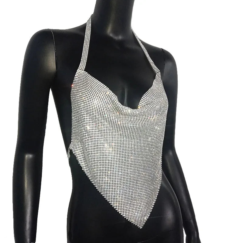 Rhinestone Backless Camisole Crop Top - Deep V-Neck Glitter Tank