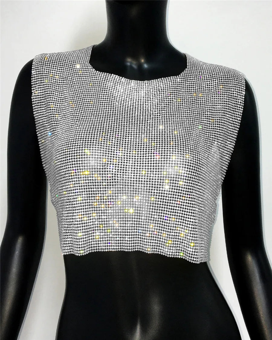 Rhinestone Backless Camisole - Sequin Metal Tank Top