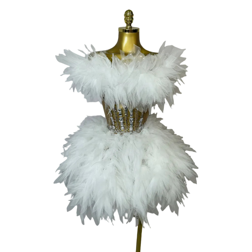 Feather Two-Piece Set | Rhinestone Corset Waist | Stage Costume